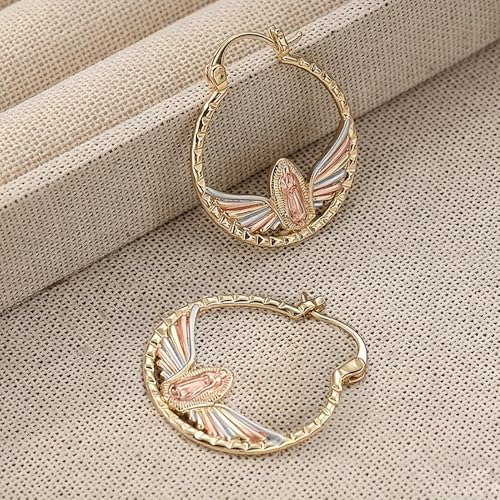 Tri-Color Our Lady of Guadalupe Hoop Earrings for Women Religious Jewelry - color: Three Tone