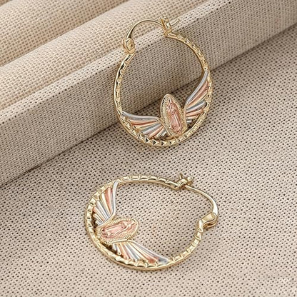 Tri-Color Our Lady of Guadalupe Hoop Earrings for Women Religious Jewelry - color: Three Tone