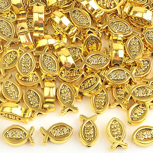 100pcs Jesus Fish Spacer Beads Religious Charm Beads Tibetan Alloy Christian Fish Shape Loose Beads for DIY Bracelet Necklace Jewelry Making Supplies - color: Antique Golden