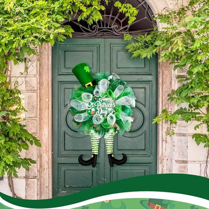 25 Inch St Patrick's Day Wreath for Front Door Green Leprechaun Mesh Wreath with Plush Shamrock Top Hat - color: St Patrick's Day-1
