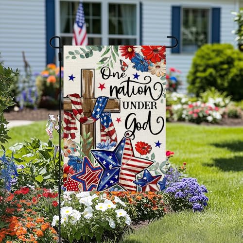 CROWNED BEAUTY 4th of July Garden Flag Patriotic Cross Double Sided 12x18 Inches Small Burlap Holiday Welcome Yard Porch Decoration for Outside CF1829-12