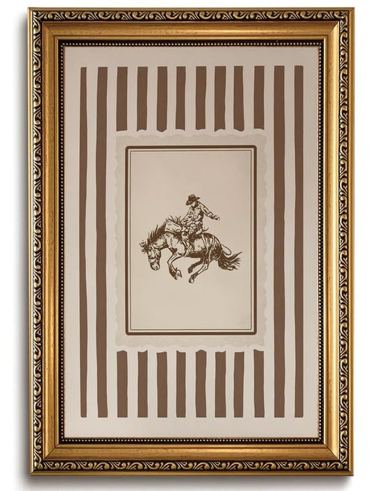 Vintage Western Cowboy Wall Art Striped Horse Wall Decor Gold Framed - color: bucking horse, size: 24"L x 16"W