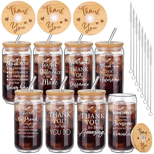 Tioncy 8 Pcs Employee Gifts 16oz Thank You Glass Cups Bamboo Lid Straw - style: Thank You