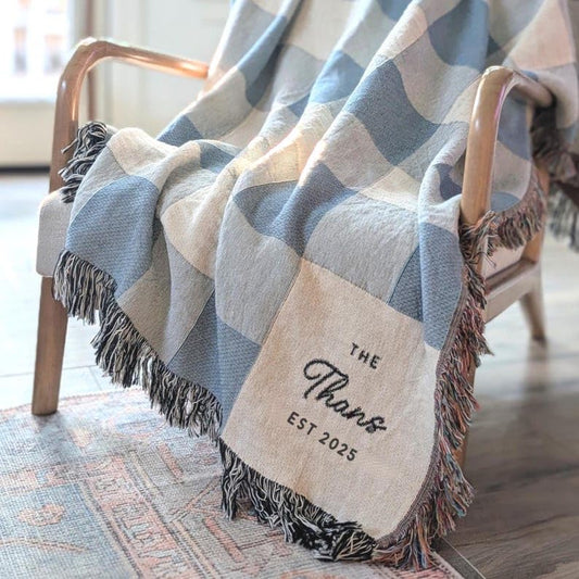 Custom Woven Throw Blanket, Modern Checkered Cotton Personalized Wedding Gift for Couple, Family Last Name Keepsake, Engagement & 2nd Anniversary Present for Newlyweds - color: A1