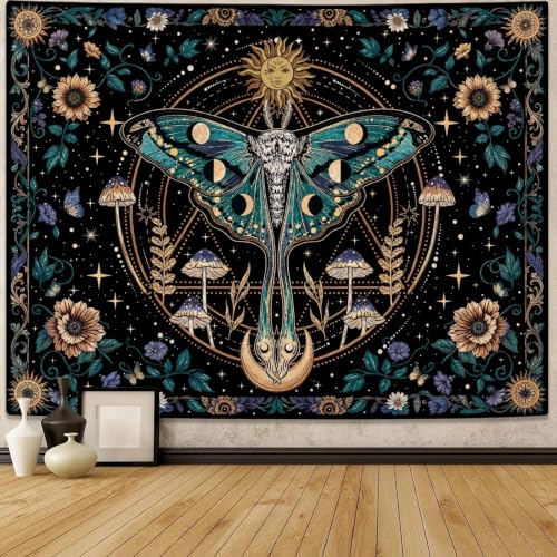 Aipon Hippie Boho Moth Vintage Sun Moon Floral Tapestry 40 x 30 Inch - color: Green Moth-D, size: 40"L x 30"W