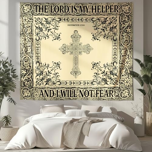NIPINUS Christian Wall Tapestry with Bible Verses - Hebrews 13:6,Large tapestry wall hanging, Retro Motivational Flags Tapestry for Bedroom, Dorm, Living Room Decor Wall Art, 50×60 inches - color: Hebrews 13:6