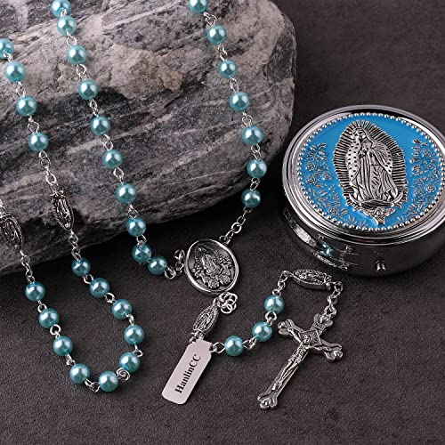 HanlinCC Guadalupe Catholic Rosary Glass Pearl Beads Necklace with Gift Box - color: Guadalupe Rosary Light Blue