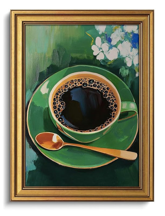 Vintage Green Coffee Cup Wall Art Gold Framed Kitchen Pictures Wall Decor - color: Gold Framed-01, size: 12x16in