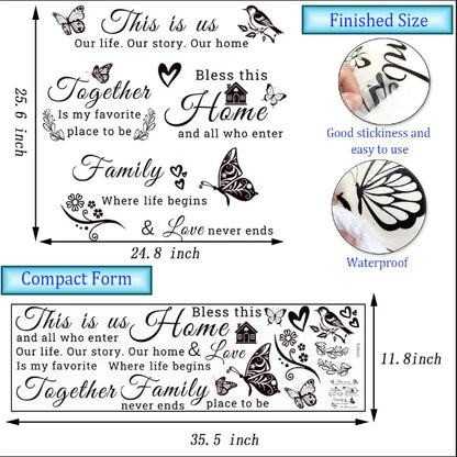 Family Vinyl Wall Decor Stickers This is Us, Together, Home, Family Scripture Quote Wall Decals, Butterfly Decal Inspirational Quotes Sticker Set for Home Office Decor(Black)