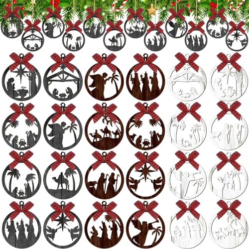 Soaoo 36 Pcs Christmas Nativity Ornaments, Winter Wood Tree Decor, Modern - style: Modern