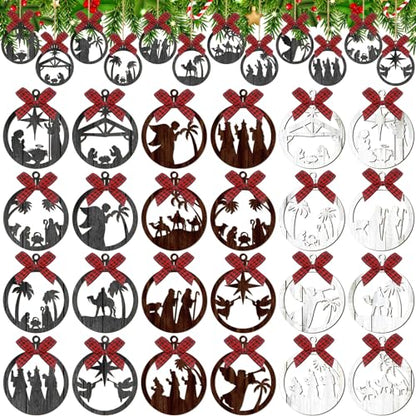 Soaoo 36 Pcs Christmas Nativity Ornaments, Winter Wood Tree Decor, Modern - style: Modern