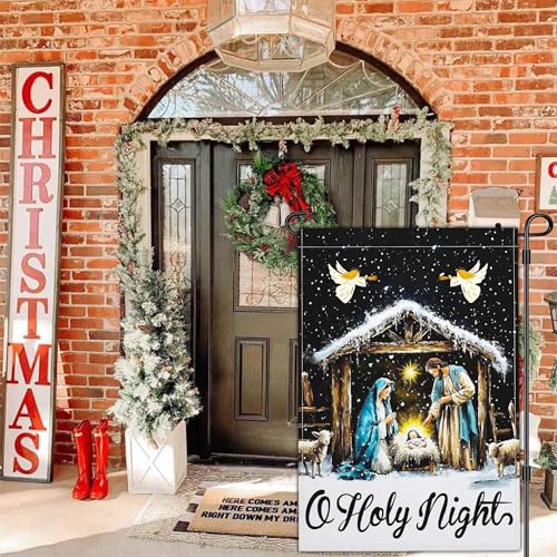 Christmas Oh Holy Night Jesus Nativity Scene Garden Flag Christian Jesus Yard Signs Garden Flags for Outside 12x18 Double Sided Christmas Vacation Outdoor Decorations