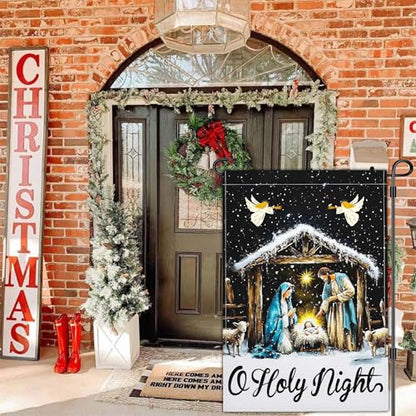 Christmas Oh Holy Night Jesus Nativity Scene Garden Flag Christian Jesus Yard Signs Garden Flags for Outside 12x18 Double Sided Christmas Vacation Outdoor Decorations