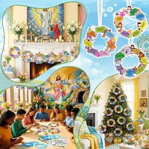 Hollowfly 48 Sets Christian Easter Wreath Craft Kit for Sunday School - style: Jesus