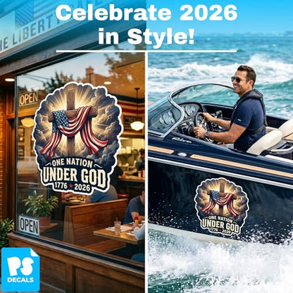 One Nation Under God America 250 Sticker Set (2 Pack) – Christian Patriotic Cross Vinyl Decals – 1776-2026 USA Faith Stickers – Waterproof America250 Collectible Decals
