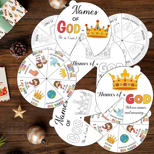 COcnny Religious Christian Craft for Kids - 24 Sets Color Your Own God’s Name Art Craft Cards, DIY Coloring God Wheel Paper Kit for Church Sunday School Home Class Bible VBS Activities - style: Names of God