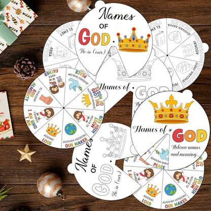 COcnny Religious Christian Craft for Kids - 24 Sets Color Your Own God’s Name Art Craft Cards, DIY Coloring God Wheel Paper Kit for Church Sunday School Home Class Bible VBS Activities - style: Names of God