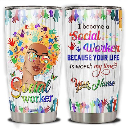 WAZONE Personalized Social Worker Stainless Steel Tumbler 20oz 30oz Sayings Custom Name Travel Mug With Lid Insulated Cup Novelty Double Wall Vacuum Things Gifts Birthday Christmas For Women - color: Social Worker