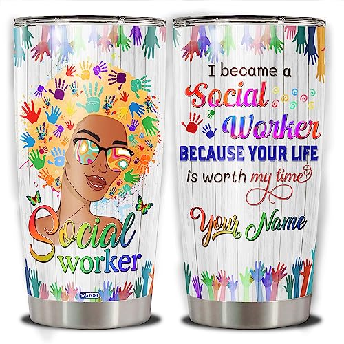 WAZONE Personalized Social Worker Stainless Steel Tumbler 20oz 30oz Sayings Custom Name Travel Mug With Lid Insulated Cup Novelty Double Wall Vacuum Things Gifts Birthday Christmas For Women - color: Social Worker