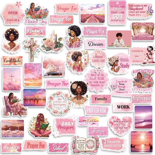 50 Pcs Prayer Board Supplies, Pink Religious Black Girl Prayer Board Vision Board Stickers for Women, Christian Inspirational Bible Verse Stickers for Water Bottle Laptop Scrapbooking Decals - color: Black Girl