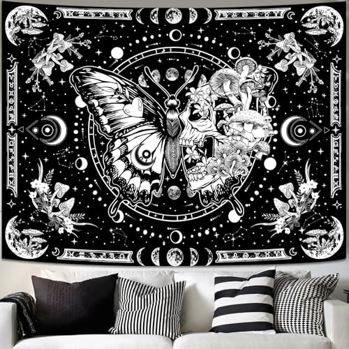 Fungarth Skeleton Butterfly Tapestry Black and White Skull Mushroom Plants Tapestries Hippie Aesthetic Tapestry Wall Hanging for Bedroom Living Room Dorm (Black, 80” x 60”) - color: Black, size: 80"L x 60"W