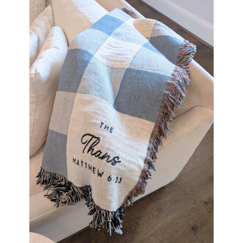 Custom Woven Throw Blanket, Modern Checkered Cotton Personalized Wedding Gift for Couple, Family Last Name Keepsake, Engagement & 2nd Anniversary Present for Newlyweds - color: A1