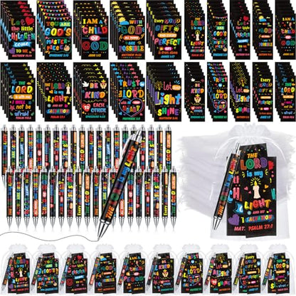 Moinchore 200 Pcs Christian Gift for Women Christian Accessories Include 50 Bible Verses Notebook 50 Church Bookmark 50 Ballpoint Pen Organza Bag Gift for Christmas Church Motivational (Bright) - style: Bright
