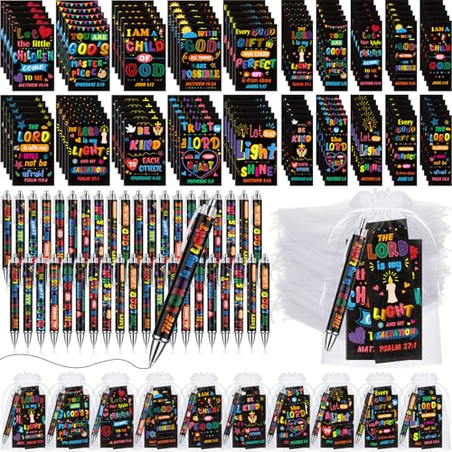 Moinchore 200 Pcs Christian Gift for Women Christian Accessories Include 50 Bible Verses Notebook 50 Church Bookmark 50 Ballpoint Pen Organza Bag Gift for Christmas Church Motivational (Bright) - style: Bright