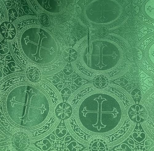 Green Religious Cross Jacquard Brocade Church Fabric, 58 Inches Wide, Sold by Yard