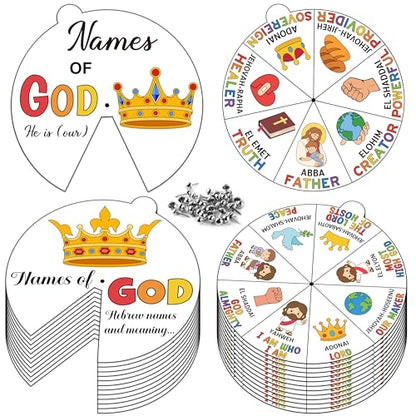 COcnny Religious Christian Craft for Kids - 24 Sets Color Your Own God’s Name Art Craft Cards, DIY Coloring God Wheel Paper Kit for Church Sunday School Home Class Bible VBS Activities - style: Names of God