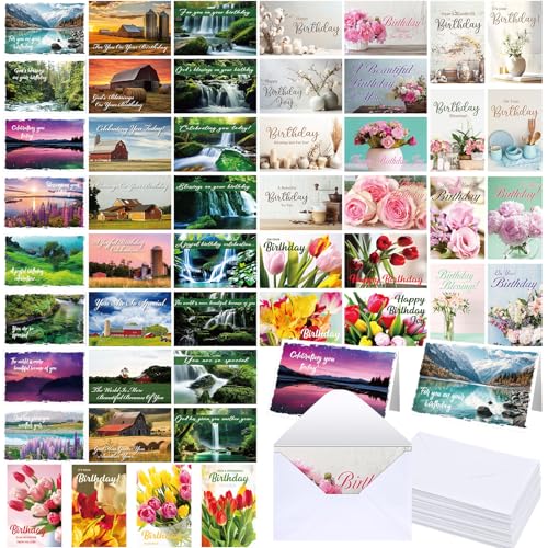 Feifeiya 48 Sets Religious Christian Birthday Card with Scripture Bible Verse Scripture with Envelope No Repeated Blessings Birthday Card Boxed Assortment Gift 4 x 6 Inch