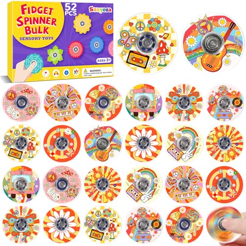 52 Pack Groovy Party Favors Fidget Spinner for Kids Birthday, Funky Retro Themed Fidget Spinner Bulk for Classroom Rewards, Goodie Bag Stuffers, Vintage Hippie Party Supplies - color: Tl-sa-3-70s