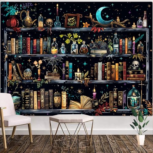 Accnicc Magic Bookshelf Tapestry Magical Witchy Potion Dark Hippie Haloween Tapestries Wall Hanging Gothic Skull Black Cat Library Book Large Tapestry for Bedroom Living Room Dorm 90 x 68 inch - color: Blue, size: 90"L x 68"W