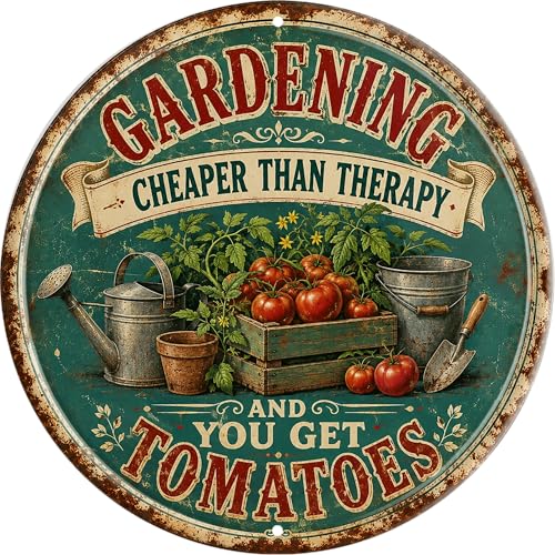 WSUPBPR Gardening Cheaper Than Therapy Metal Sign 8x8in Round Garden Wisdom Plaque for Shed Wall Decor Tomato Gift - color: Gardening Cheaper Than Therapy Tomatoes