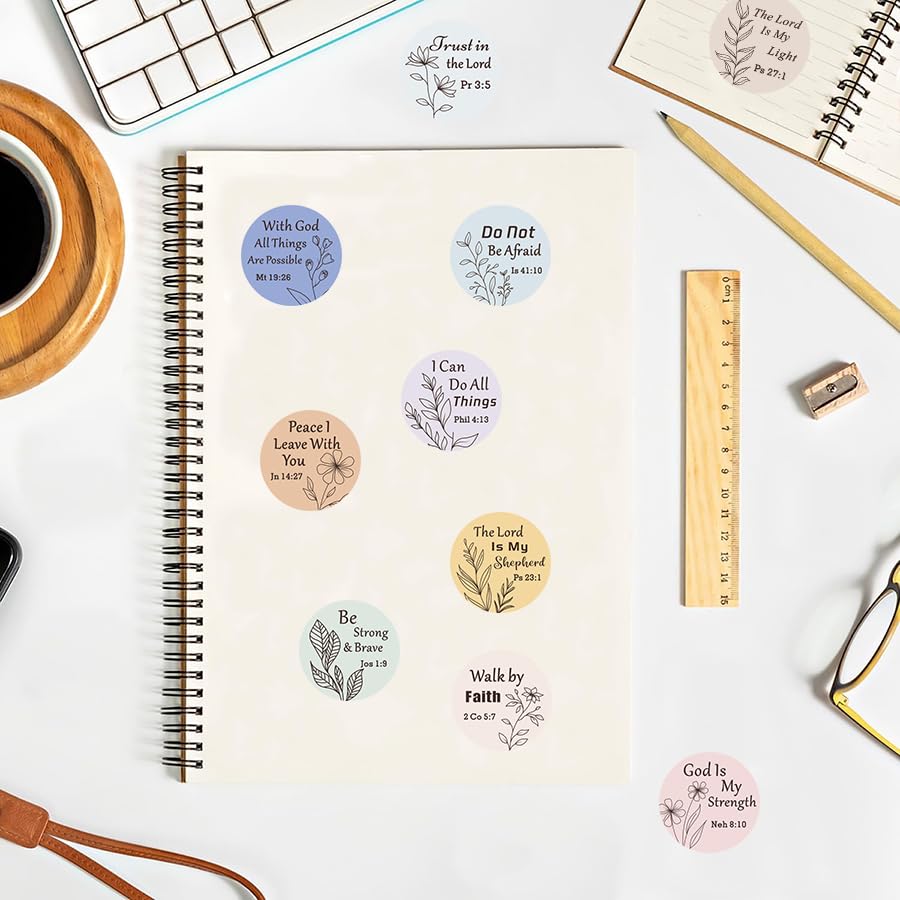 500 Pcs Bible Verse Stickers Roll 1 Inch Round Inspirational Christian Scripture Labels Floral Minimalist Faith Stickers for Journals, Planners, Scrapbooking, Gift Wrapping and Envelope Seals