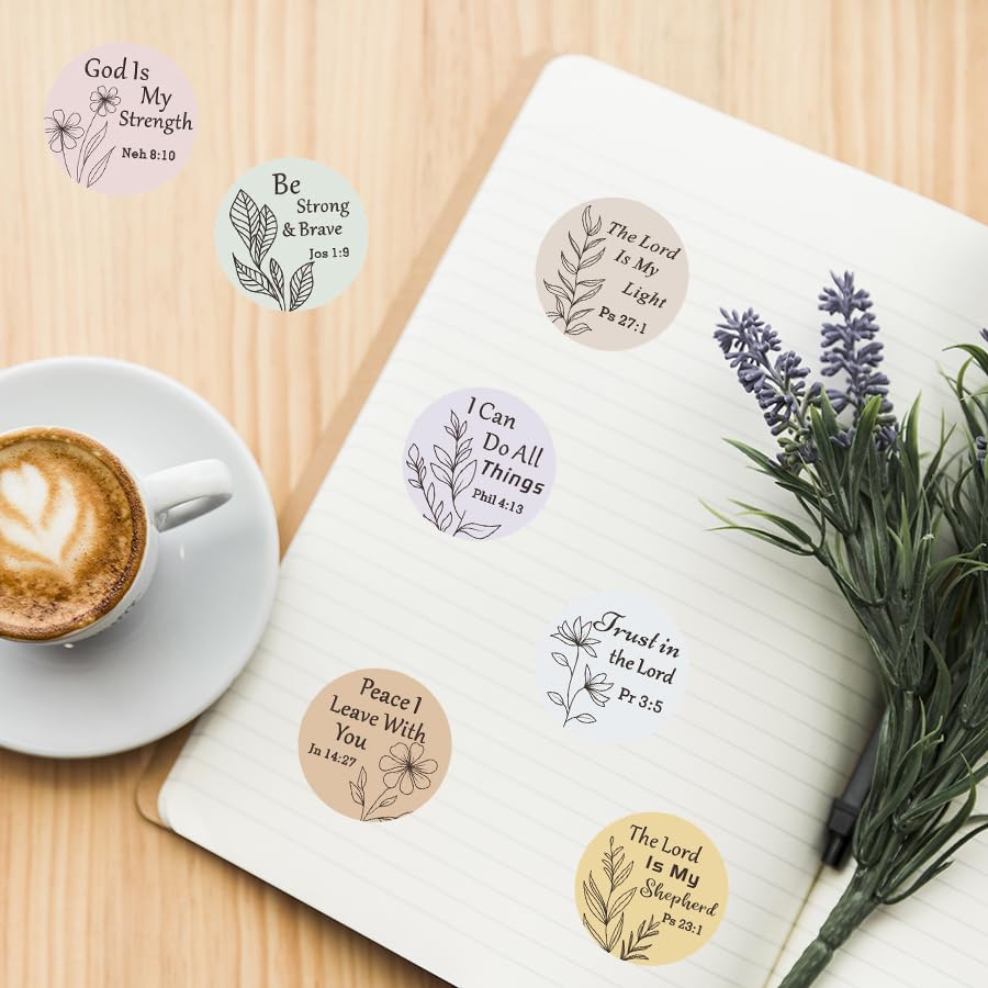 500 Pcs Bible Verse Stickers Roll 1 Inch Round Inspirational Christian Scripture Labels Floral Minimalist Faith Stickers for Journals, Planners, Scrapbooking, Gift Wrapping and Envelope Seals