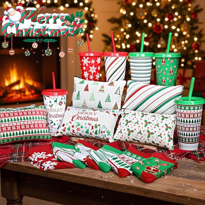 Funnymoom 24 Pcs Christmas Gifts Set Include 24 oz Merry Christmas Plastic Tumbler Cup with Lids and Straw Makeup Cosmetic Bag Crew Santa Sock Keychain for Xmas Party Favor Winter Friendmas Gifts - style: Pine and Berry