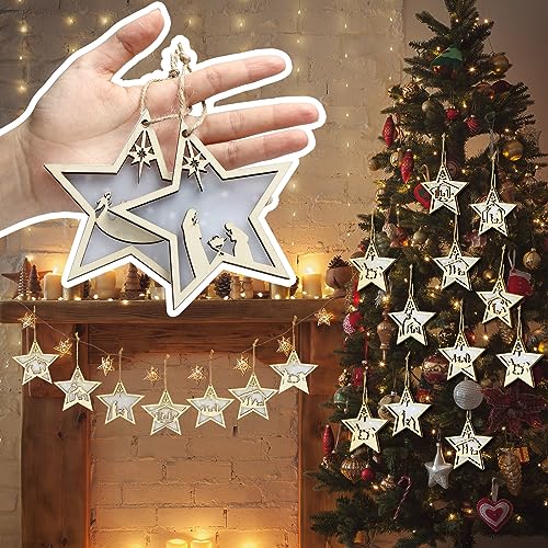 Bucherry 8 Pcs Christmas Nativity Scene Ornaments Wood Christmas Hanging Ornament Acrylic 3D Cut File Ornament Nativity Scene Keepsake for Xmas Tree Birth of Jesus Decoration(Star) - style: Star
