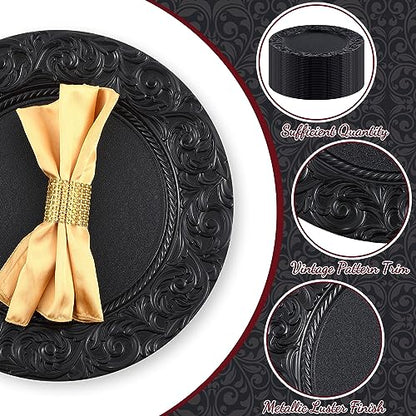 Uiifan 50 Pcs Black Charger Plates Bulk 13'' Antique Plastic Chargers - color: Black