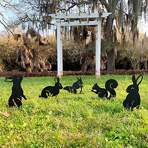 RealSteel Metal Garden Animal Statues & Lawn Ornaments, Bunny Rabbit & Squirrel Garden Stakes 5 Pack – Metal Yard Art Silhouettes for Front Yard, Flowerbed & Patio Decor – Rust Resistant Steel, Black