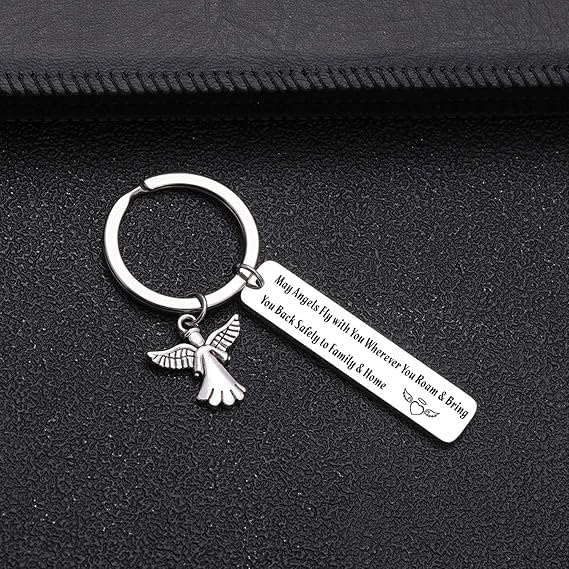 Inspirational Guardian Angel Keychain Stainless Steel Engraved Message Keyring for Women Car Keys Charms