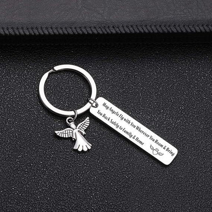 Inspirational Guardian Angel Keychain Stainless Steel Engraved Message Keyring for Women Car Keys Charms