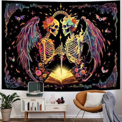 Heopapin Blacklight Trippy Skull Tapestry UV Reactive Gothic Skeleton Wall Hanging Tapestries Fantasy Neon Wing Glow in the Dark Party Poster Magical Galaxy Space Tapestry for Bedroom - color: Skull Lover, size: 59.1"L x 51.2"W