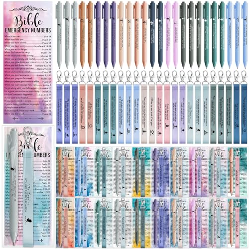 Sinload 50 Set Christian Gift Bulk Bible Emergency Numbers Bookmark with Silicone Keychains Scripture Quote Pen Religious Study Supplies for Father Day Church Bible Study Group (Watercolor) - color: Watercolour