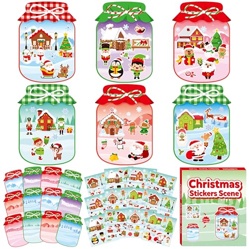 CY2SIDE Christmas Snowy Jar Scene Sticker - 12 Set Red and Green Winter Sticker Art Craft for Kids Holiday Project, Make a Snowy Jar Scene with Gingerbread House Snowman Stickers Games, Christmas Gift - style: Christmas jar