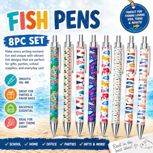 8PC Fish Pens Cute Ocean Set Birthday Party Supplies Fishing Kit Aquarium Theme Outdoor Camping Decorations Best Fathers Day Novelty Pen Game Prizes Décor Stocking Stuffers Gifts For Friends Family - style: Fish