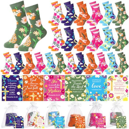 Chicingyou 24 Sets Christian Floral Crew Socks Women with Bible Cards