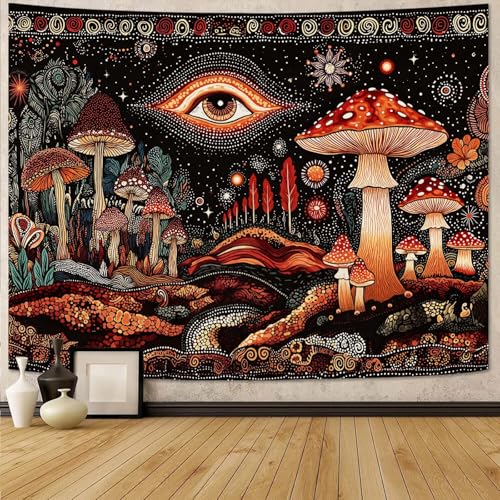 Fungarth Hippie Red Mushroom Tapestry Vintage Boho Forest Tapestries Wall Hanging Fantasy Plant Celestial Large Tapestry for Bedroom Living Room Study Classroom Dorm 80 x 60 inch - color: Orange Eye, size: 80"L x 60"W
