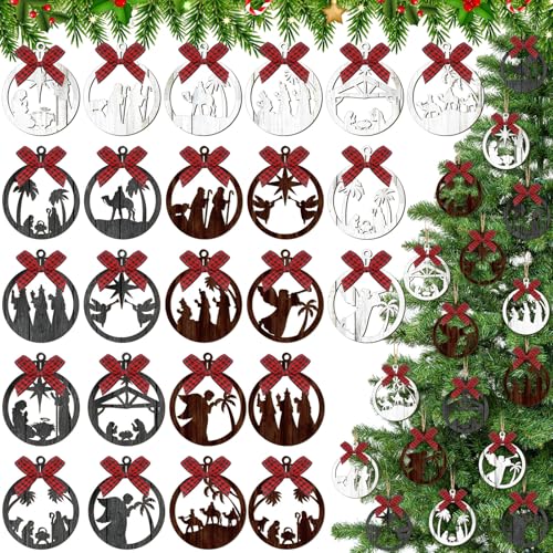Soaoo 36 Pcs Christmas Nativity Ornaments, Winter Wood Tree Decor, Modern - style: Modern