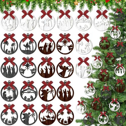 Soaoo 36 Pcs Christmas Nativity Ornaments, Winter Wood Tree Decor, Modern - style: Modern